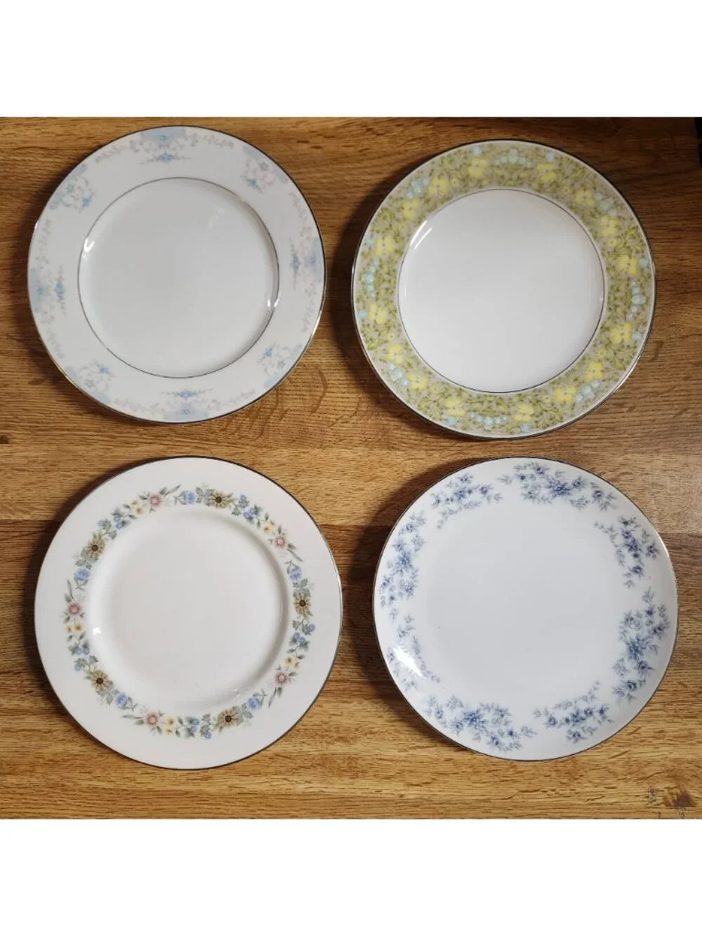 Mismatched Lunch Plates Colorful Florals Silver Rims 7.5